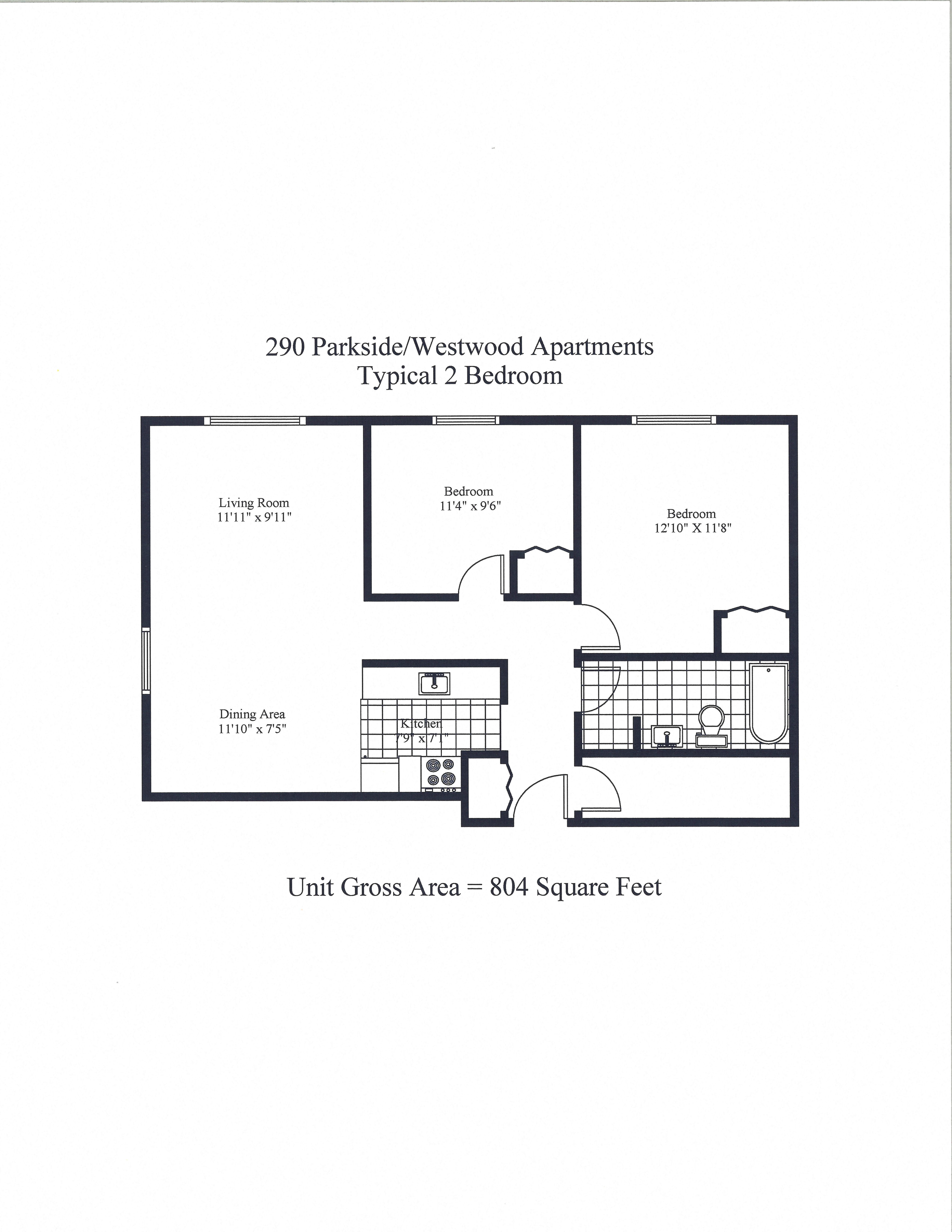 Floor plan for 2 beds, 1 bath, 804 sqft
